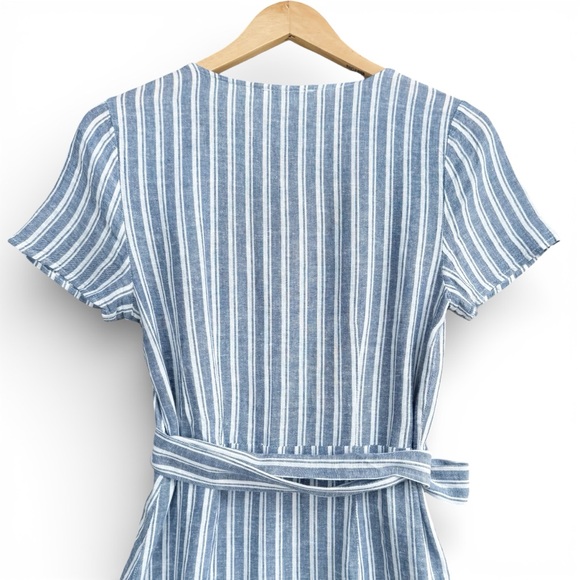 Marine Layer Frances Wrap Dress Blue Stripe White Linen Blend Tie Waist Womens M - Picture 8 of 13